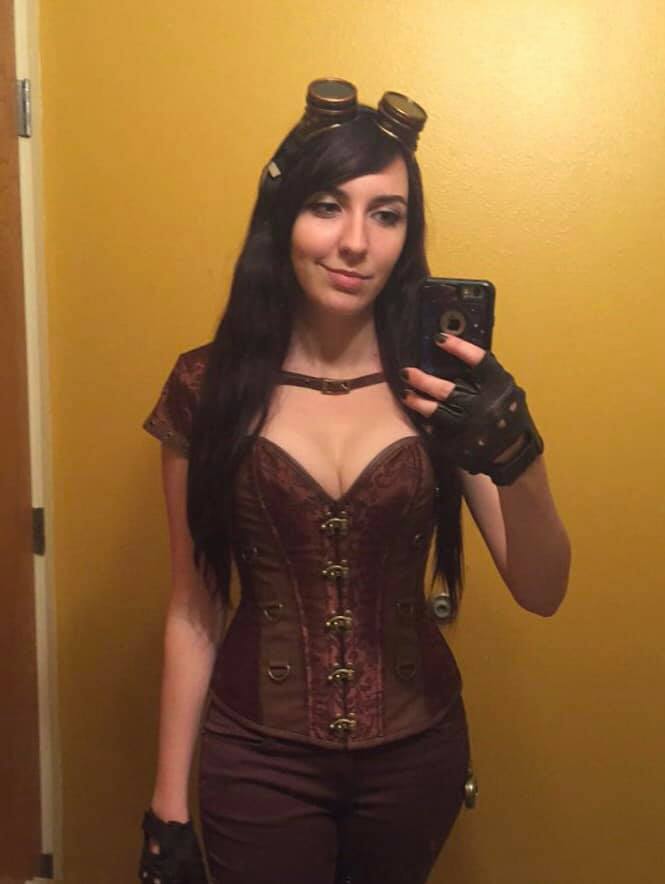 Emily Lane Trying Out Steampunk Costume For Halloween 0