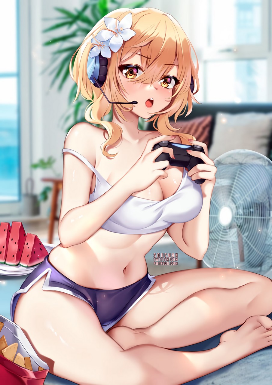 Lumine Loves Playing Games Even Summer Cannot Stop Her Squchan Genshin Impact Thighdeolog